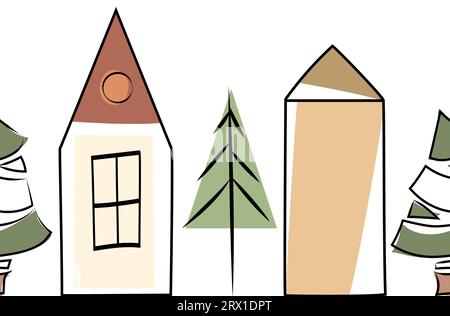 Grazioso bordo senza cuciture con case disegnate a mano e alberi di Natale. Schema di ripetizione ad albero, illustrazione della cornice grafica. Design tessile, carta da parati, involucro Foto Stock