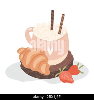 Tazza di caffè sul vassoio di legno con croissant. Accogliente concetto di colazione autunnale. Illustrazione Vettoriale