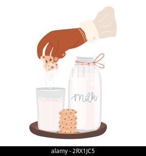 Latte e biscotti sul vassoio di legno La donna immerge i biscotti nel latte. Colazione mattutina. Illustrazione Vettoriale