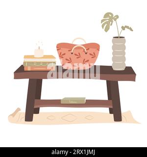 Casa accogliente. Panchina in un corridoio con pila di libri, candela illuminata e borsa per scarpe. Accogliente concetto autunnale. Illustrazione Vettoriale