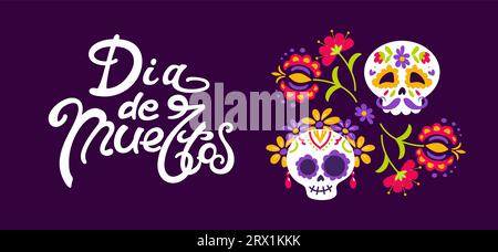 Il giorno dei morti. Dia de Muertos. Catrina, teschio di garbancera maschile e femminile, scheletro festivo, la ballerina ossea. Striscione orizzontale in stile vintage. Per Illustrazione Vettoriale