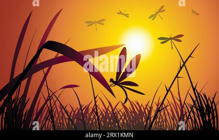 Silhouette di design Dragonfly. Illustrazione vettoriale in stile minimalismo disegnata a mano Illustrazione Vettoriale