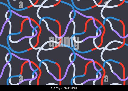 Motivo senza cuciture con colorate stampe astratte con scoiattoli, spirali e linee ondulate. I cerchi deformati della spazzola di inchiostro sono caotici su sfondo blu scuro. VEC Illustrazione Vettoriale
