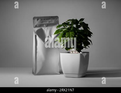 Mockup di una busta bianca per il caffè con valvola, con una pianta arabica in una pentola, confezione vuota per il design e il marchio. Zip modello pacchetto con ombre Foto Stock