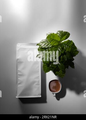 Modello di una busta bianca con ombre sullo sfondo, una tazza di caffè, una vista dall'alto dell'albero di qualità arabica, fotografie dei prodotti per la pubblicità. Mockup di loro Foto Stock