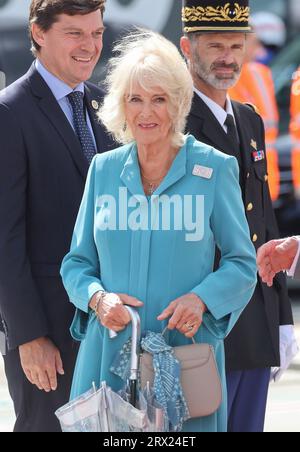 La Regina Camilla arriva all'Aeroporto di Bordeaux-Merignac, il terzo giorno della visita di stato in Francia. Data immagine: Venerdì 22 settembre 2023. Foto Stock