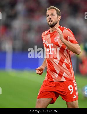 Allenamento di riscaldamento Harry Kane FC Bayern Monaco FCB (09), Champions League, Allianz Arena, Monaco, Baviera, Germania Foto Stock