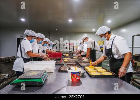 Contea di Luannan, Cina - 8 settembre 2022: Il lavoratore sta oliando la pelle di torta lunare per la cottura. Foto Stock