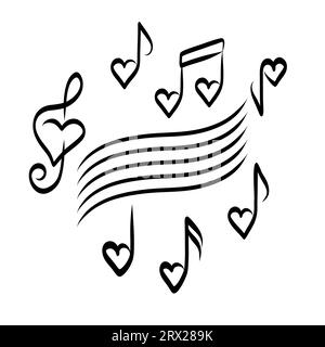 Note musicali sotto forma di un'icona a forma di cuore, amore per la musica, disegno di illustrazione vettoriale disegnato a mano Illustrazione Vettoriale