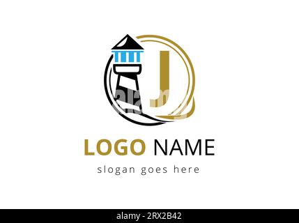 Modello vettoriale con logo Letter J Lighthouse. Moderno logo del faro vettoriale per aziende, organizzazioni o siti Web Illustrazione Vettoriale