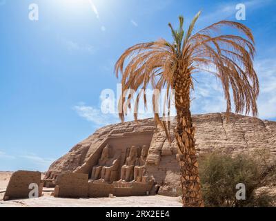 Il grande Tempio di Abu Simbel, con le sue quattro statue colossali di Ramses II (Ramses il grande), alte 20 metri, Abu Simbel, Egitto Foto Stock