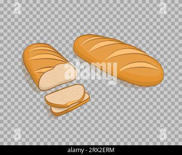 Pane bianco isolato, tagliato a fette su sfondo trasparente. Illustrazione vettoriale, prodotti da forno realizzati a mano in stile cartoni animati. Illustrazione Vettoriale