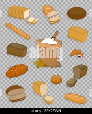 Un sacchetto di farina con pala e orecchie di grano, orzo o segale su uno sfondo trasparente isolato. Simbolo dell'icona di illustrazione vettoriale per la cottura del pane a Illustrazione Vettoriale