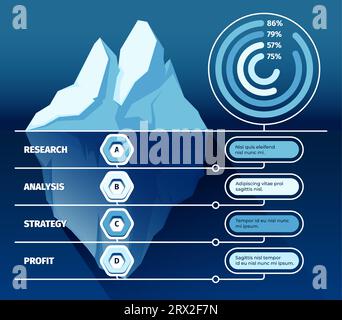 Infografica iceberg. Ghiaccio marino nero e acqua sotto di esso, modello iceberg con messaggio nascosto. Presentazione del vettore del concetto di competenza e responsabilità con iceberg in acqua Illustrazione Vettoriale