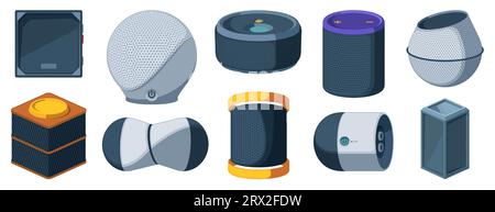 Altoparlante Smart Assistant. Sistema di controllo vocale AI con altoparlante wireless, altoparlanti wireless piatti cartoon con applicazione di riconoscimento vocale. Illustrazione dell'altoparlante del sistema vocale isolato dal vettore Illustrazione Vettoriale