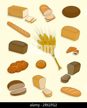 Set di prodotti da forno e dolciumi su sfondo bianco. Pasticcini freschi, pane di segale, pane di frumento, pane affettato per sandwich e toast, baguette, croissa Illustrazione Vettoriale