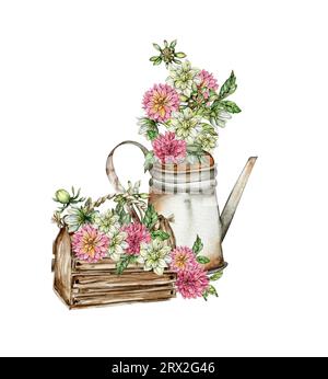 Acquerello vecchi elementi arrugginiti e composizione dahlia. Illustrazione disegnata a mano o giardino estivo. Design per feste di baby shower, compleanno, torta, holida Foto Stock