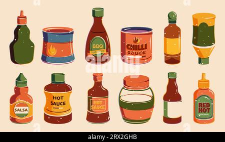 Bottiglie di salsa. Bottiglie di ketchup, mostarda e maionese con tappi ed etichette per il design di imballaggi per ristoranti e fast food. Insieme di vettori. Red Hot, peperoncino, bbq e salsa Illustrazione Vettoriale