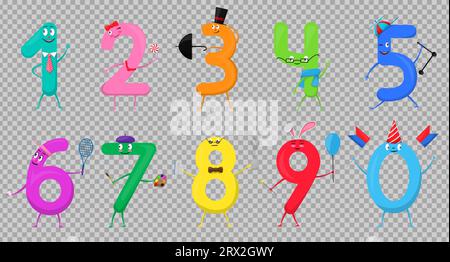 Simpatico divertimento colorato collezione numeri sotto forma di vari personaggi cartone animato per bambini isolati. Illustrazione vettoriale simboli matematici uno, due, t Illustrazione Vettoriale