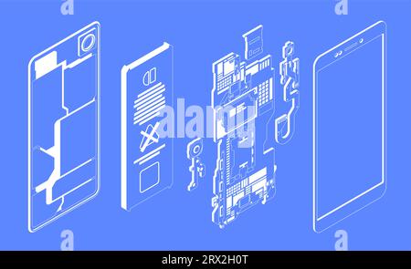 Schema delle parti del telefono. Dispositivo mobile wireframe con custodia e schermo smontati, gadget wireless con batteria e scheda SIM. Insieme isolato dal vettore. Gadget con diversi componenti elettronici Illustrazione Vettoriale