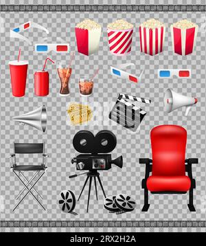 Grande set di elementi di raccolta del cinema isolati su sfondo trasparente per l'illustrazione vettoriale. Cartolina con poster compositivo e fotocamera retrò Illustrazione Vettoriale