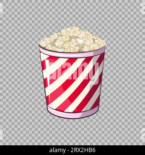 Popcorn isolati in una scatola a strisce per snack quando si guardano film su sfondo trasparente. Anteprima dell'illustrazione vettoriale del fast food per il tuo progetto Illustrazione Vettoriale