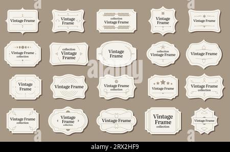 Etichette ornamentali retrò. Cornici di testo decorative vintage con tipografia calligrafica, adesivo certificato vintage, invito a nozze. Insieme di vettori. Collezione isolata di adesivi decorativi di lusso Illustrazione Vettoriale
