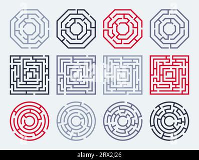 Set di simboli a labirinto. Percorso labirinto pittogramma lineare complicato, attività percorso labirinto emblema geometrico. Raccolta del labirinto vettoriale. Gioco logico per i bambini, ribus per i bambini per trovare una soluzione Illustrazione Vettoriale