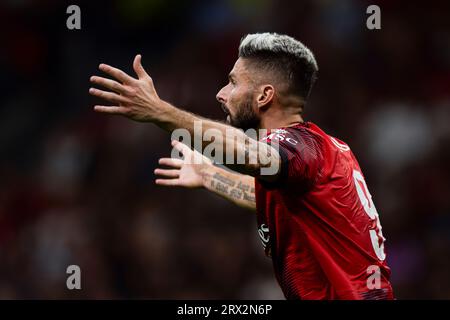 Olivier Giroud dell'AC Milan reagisce durante la partita di UEFA Champions League tra l'AC Milan e il Newcastle United FC. Foto Stock