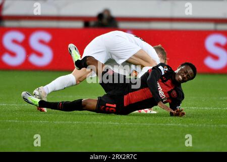 Leverkusen, Deutschland. 21 settembre 2023. Fussball; Gruppenphase; fase a gironi; Spieltag 01; giorno 01 ; UEFA Europa League; Saison 2023/2024; stagione 2023/2024; Bayer Leverkusen gegen BK Haecken AM 21.09.2023 a Leverkusen. 19 Nathan Tella, Bayer Leverkusen. Credito: dpa/Alamy Live News Foto Stock