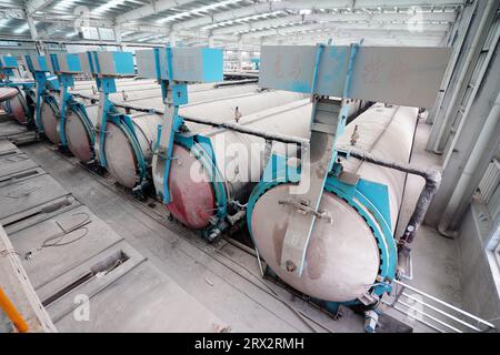 L'autoclave sulla linea di produzione di pannelli divisori leggeri si trova in una nuova fabbrica di materiali da costruzione nel nord della Cina Foto Stock