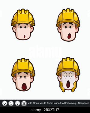 Set di icone del volto di un operaio edile con bocca aperta da "hushed" a "Screaming Emotional Expression" in sequenza. Tutti gli elementi sono ordinati sul des Illustrazione Vettoriale