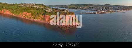 Una vista panoramica sul promontorio di Ness fino alla foce del fiume Teign e al porto e alla località turistica di Teignmouth Foto Stock