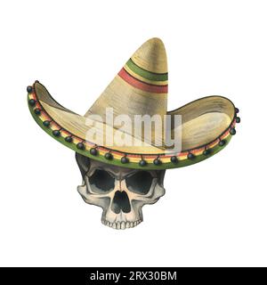 Vista frontale del cranio umano che indossa un cappello sombrero. Illustrazione ad acquerello disegnata a mano per il giorno dei morti, halloween, dia de los muertos. Oggetto isolato Foto Stock