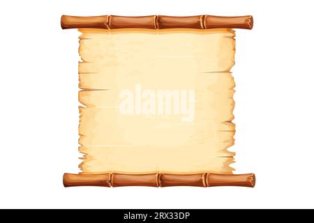 Cornice di bambù con carta pergamena decorata con corda in stile cartoni animati isolata su sfondo bianco. Tabellone ui gioco, firma. Illustrazione vettoriale Illustrazione Vettoriale