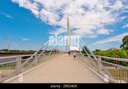 L'Esplanade Riel ha sospeso la passerella pedonale sul fiume Rosso, collegando il centro di Winnipeg a St Distretto di Boniface, Winnipeg Foto Stock