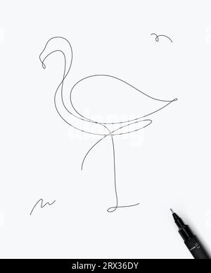 Disegno Flamingo minimalista con linea a penna su sfondo bianco Illustrazione Vettoriale