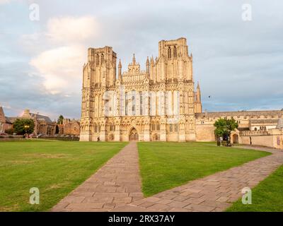 Luce notturna sul fronte occidentale, cattedrale di Wells, Wells, Somerset, Inghilterra, Regno Unito, Europa Foto Stock