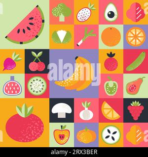 Ripetizione geometrica astratta. Frutta e verdura in stile Bauhaus. Illustrazione Vettoriale