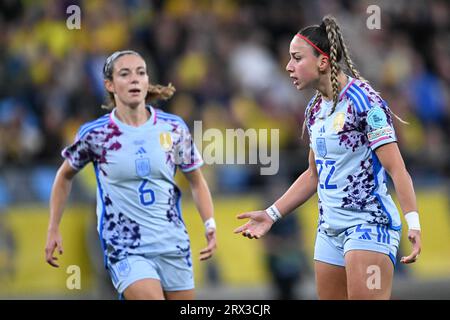 La spagnola Athenea del Castillo (R) celebra il punteggio con la squadra Aitana Bonmati durante la partita di calcio della UEFA Women's Nations League (League A , gruppo A4) tra Svezia e Spagna a Gamla Ullevi a Gothenburg, Svezia, il 22 settembre 2023. Foto: Björn Larsson Rosvall / TT / code 9200 Foto Stock