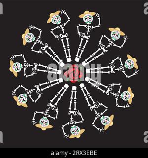 Vivace festa messicana: Gli scheletri ballano nella gioia di dia De Muertos Illustrazione Vettoriale