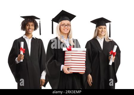 Gruppo di laureati con libri e diplomi isolati su sfondo bianco Foto Stock