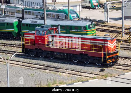 Minsk, Bielorussia - 9 agosto 2023: Treni presso il deposito in estate Foto Stock