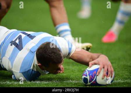 Saint-Etienne, Francia. 22 settembre 2023. Coppa del mondo di rugby Francia 2023 Emiliano Boffelli segna contro Samoa, Argentina contro Samoa in Francia, Saint-Etienne allo Stade Geoffroy-Guichard. (Immagine di credito: © Maximiliano Aceiton/ZUMA Press Wire) SOLO USO EDITORIALE! Non per USO commerciale! Foto Stock