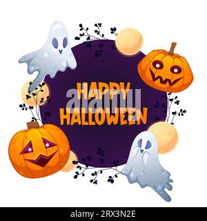 Striscione felice Halloween con cerchio per testo e zucche, fantasmi, luna. Trick o dolcetto. Forma quadrata. Illustrazione vettoriale colorata nei cartoni animati Illustrazione Vettoriale