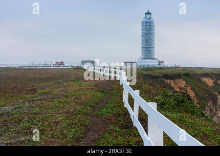 Faro di Point Arena sulla penisola di Point Arena sulla costa pacifica della California. Questo faro è avvolto in plastica durante la riparazione. Foto Stock