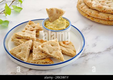 Pita di grano intero in stile greco e hummus spalmato su fondo marmo con ciuffi di edera in formato orizzontale. Sano spuntino vegetariano. Foto Stock