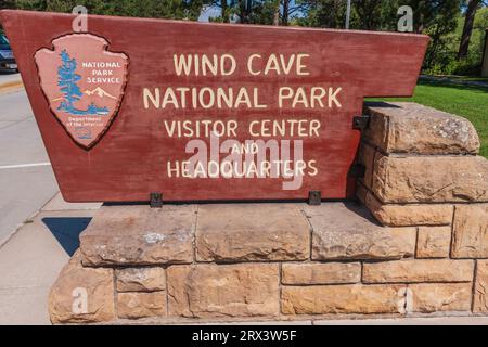 Indicazioni stradali per il Wind Cave National Park nel South Dakota. Questa è stata la prima grotta ad essere nominata Parco Nazionale. Foto Stock