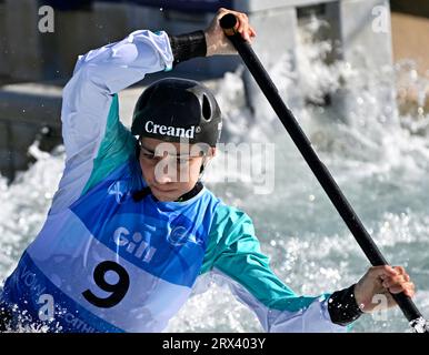 Waltham Cross. Regno Unito. 22 settembre 2023. 2023 Campionati del mondo di canoa. Lee Valley White Water Centre. Waltham Cross. Monica Doria Vilarrubla (E) nella semifinale di canoa femminile durante i Campionati del mondo di canoa 2023 al Lee Valley White Water Centre, Regno Unito. Foto Stock