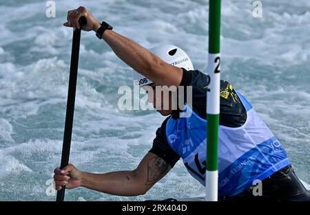 Waltham Cross. Regno Unito. 22 settembre 2023. 2023 Campionati del mondo di canoa. Lee Valley White Water Centre. Waltham Cross. Ana Satila (BRA) nella semifinale di canoa femminile durante i Campionati del mondo di canoa 2023 al Lee Valley White Water Centre, Regno Unito. Foto Stock